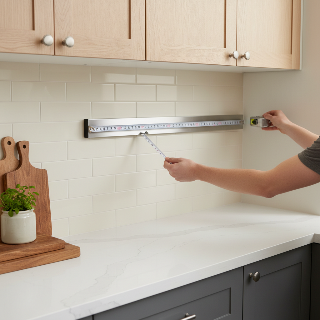 Measuring backsplash space for a magnetic knife holder in a small kitchen
