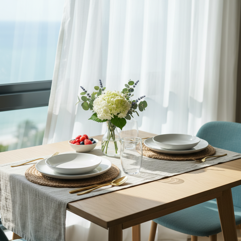 Small apartment summer table setting with light linens and compact centerpiece