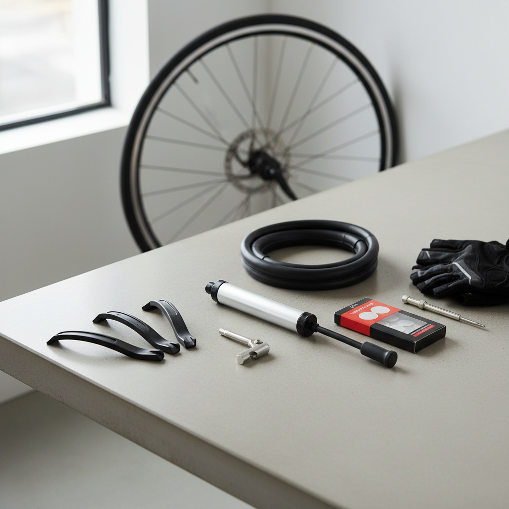 Basic tools laid out to fix a flat bike tire at home
