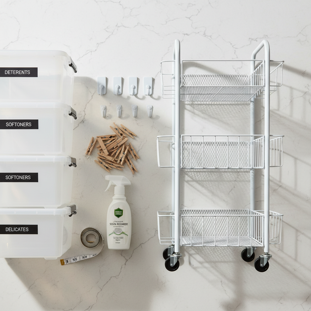 Budget laundry organization essentials like labeled bins, hooks, and rolling cart