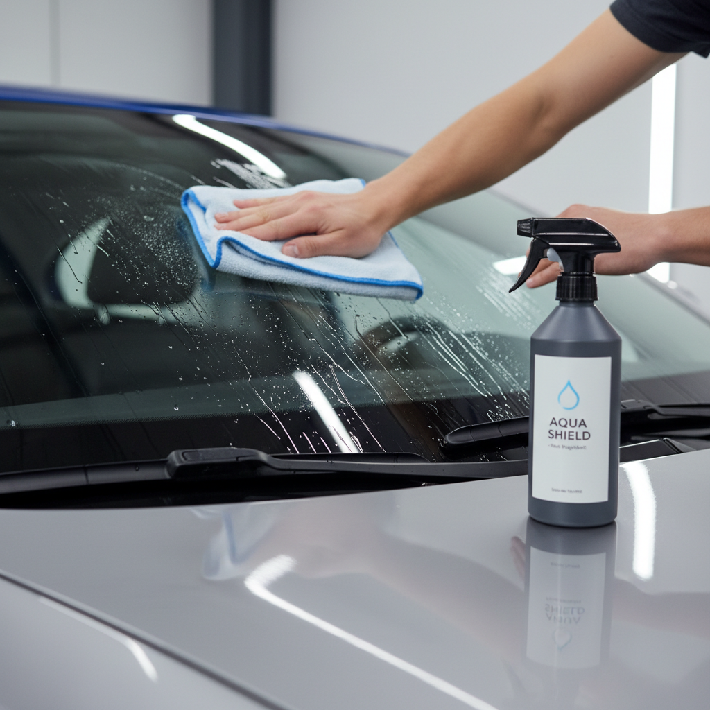 Applying rain repellent to windshield with microfiber towel in a garage
