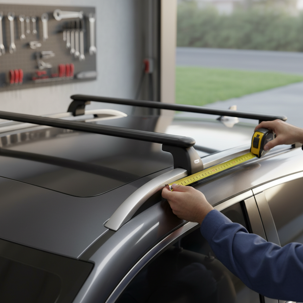Measuring car roof crossbar spread for roof top luggage rack fit