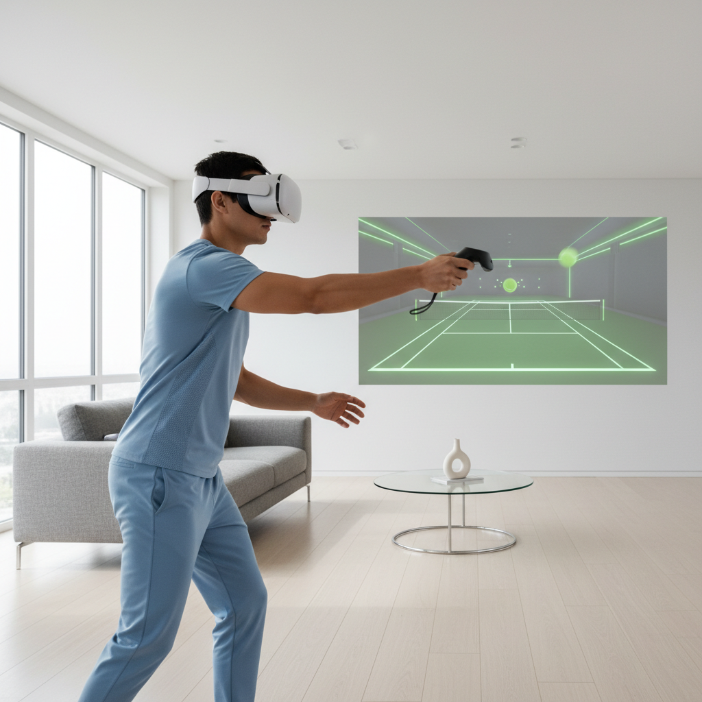 Player serving in a VR tennis game with headset and controllers in a living room