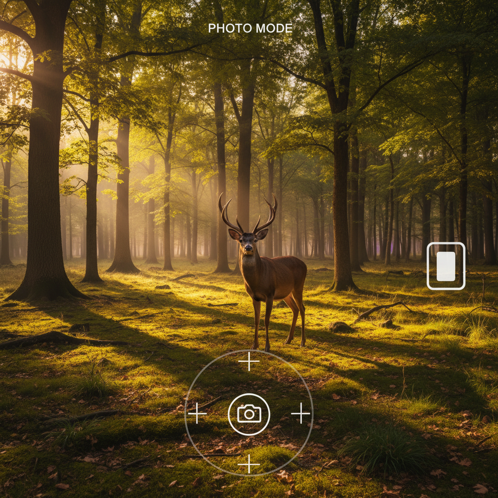 VR wildlife photography game scene with a deer in a forest clearing