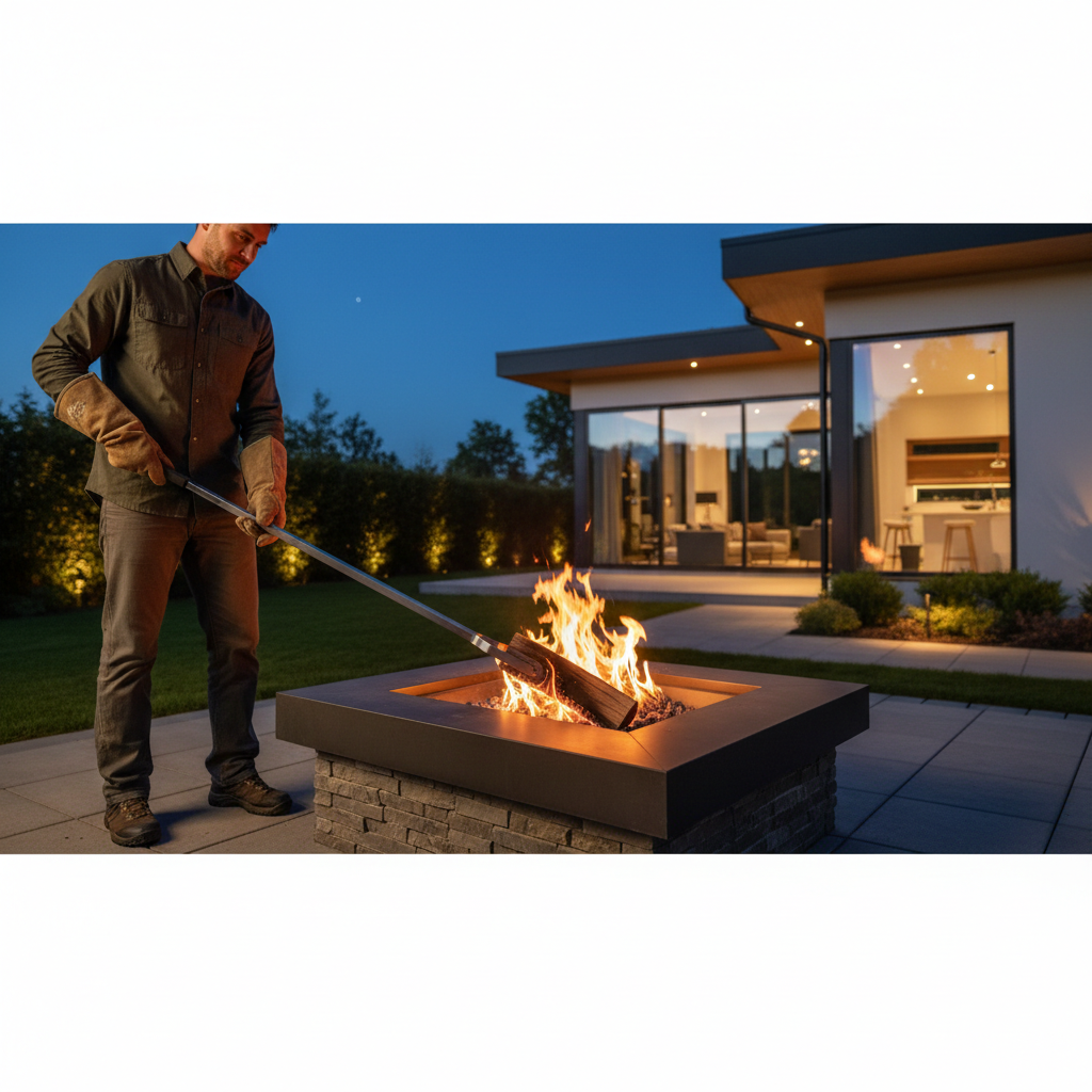 Person using a long fire pit poker and tongs safely at an outdoor fire pit