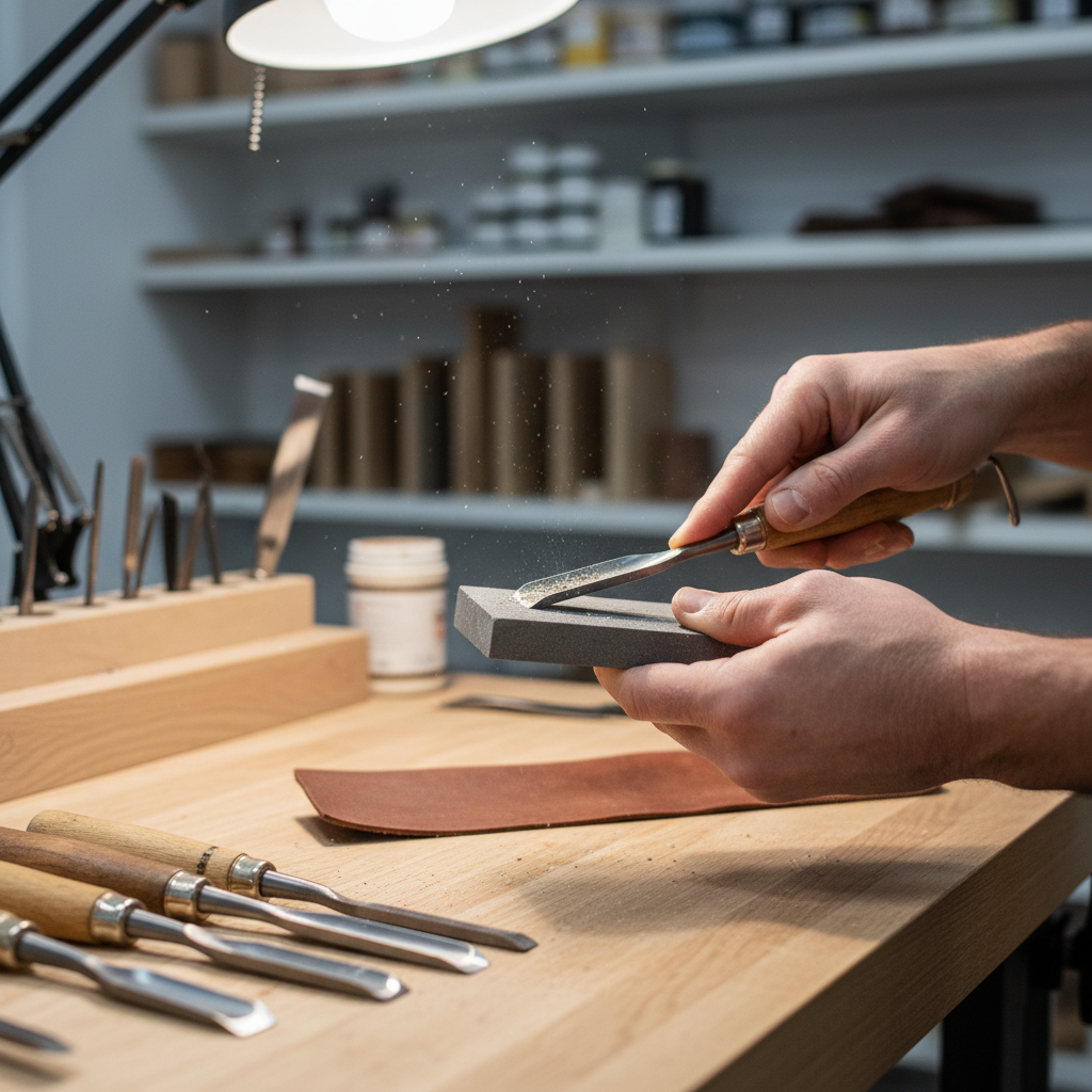 Woodturner honing a gouge with a diamond slip stone at a workbench