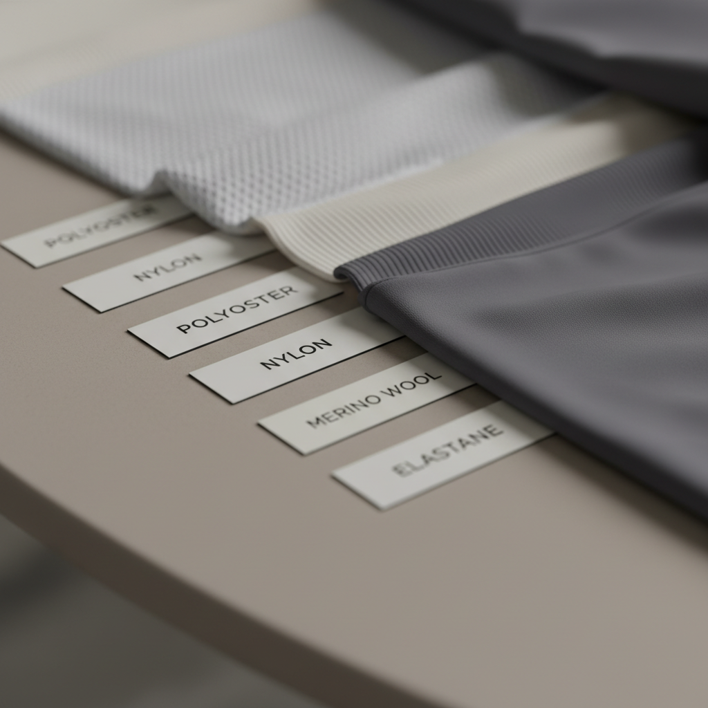 Close-up of fabric labels showing polyester, nylon, merino and elastane for travel clothing