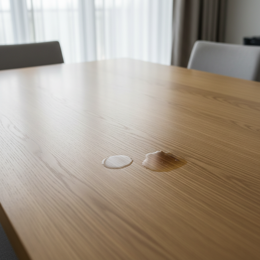 White and dark water stains on a wooden tabletop showing different moisture levels