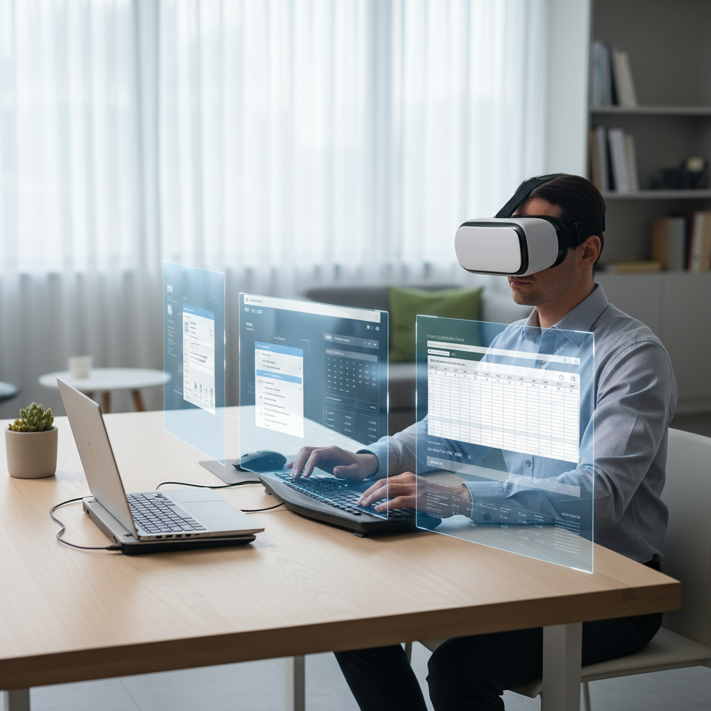 Person working in a VR office with multiple virtual monitors and a laptop on a desk