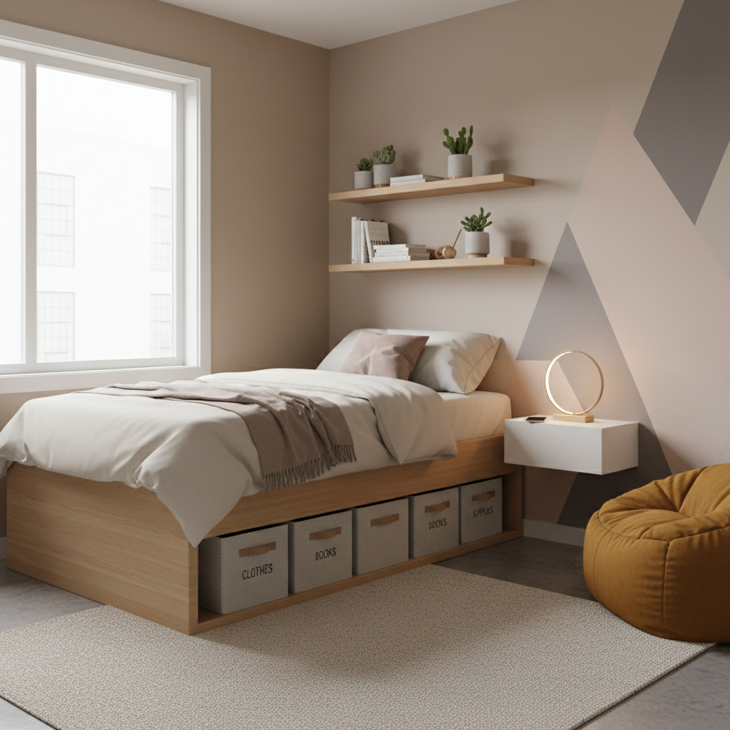 Under bed storage bins and budget shelving for a teen small bedroom