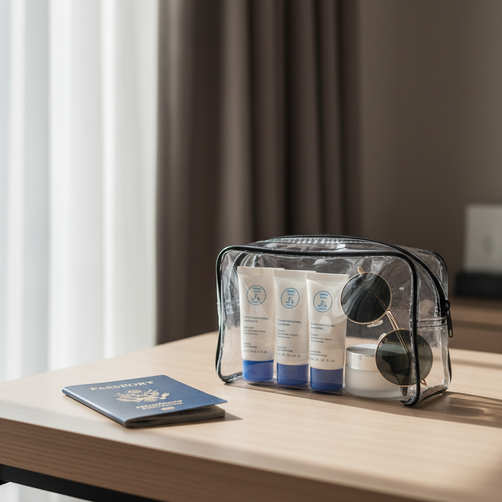 Travel-size face sunscreen and toiletries in a TSA-friendly clear bag