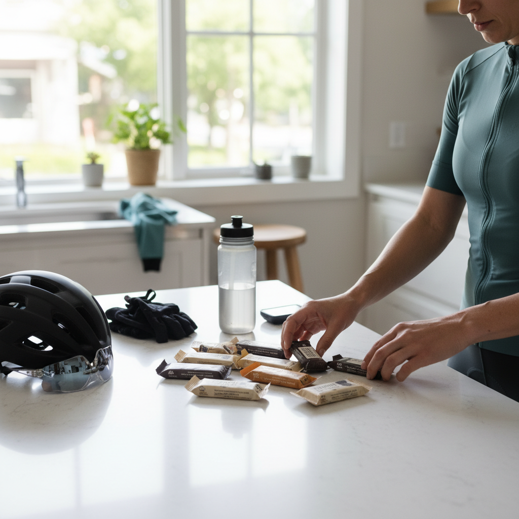 Cyclist choosing energy snack bars before a long ride