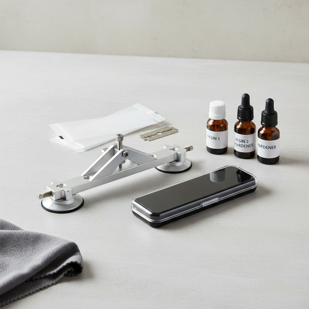 Windshield repair resin kit tools laid out: injector bridge, UV light, curing strips, razor blade