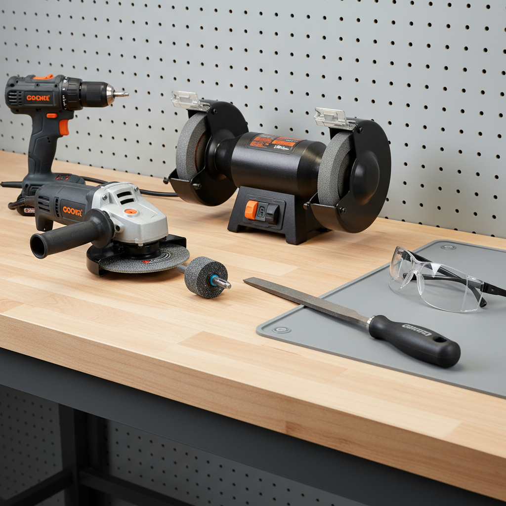 Comparison of lawn mower blade sharpener types on a workbench