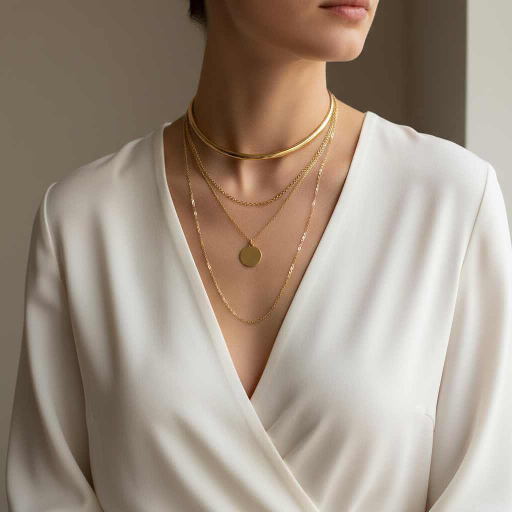Layered necklaces length spacing on a simple neckline