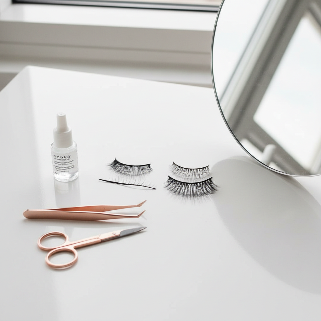Beginner-friendly false eyelashes laid out with lash glue and tweezers