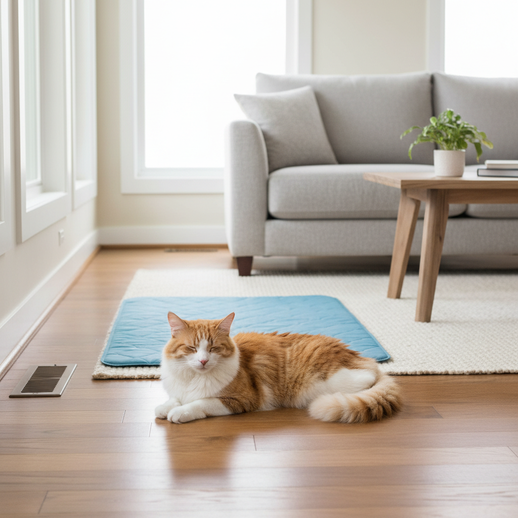Cooling mat placed near an air vent with a relaxed cat nearby