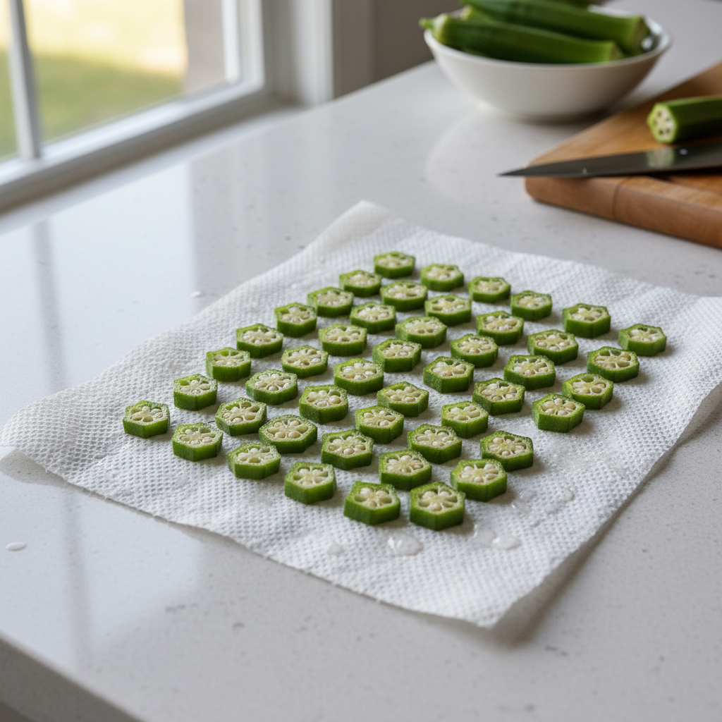 Fresh okra being dried on kitchen towels for crispy bhindi fry