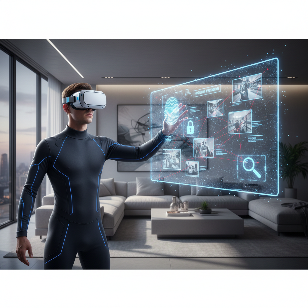 VR detective investigating a crime scene with evidence board and clues