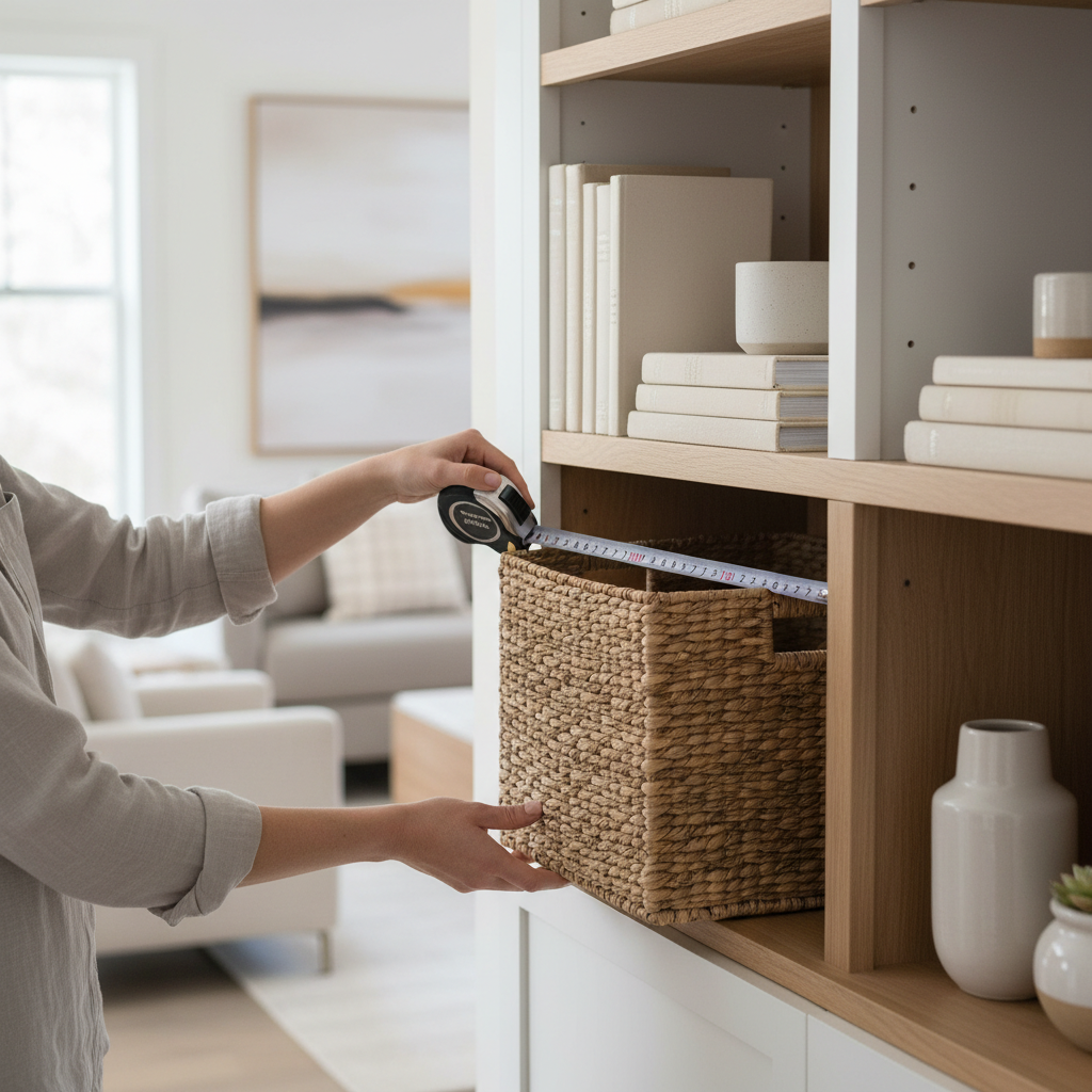 Measuring shelf space for decorative baskets with a tape measure
