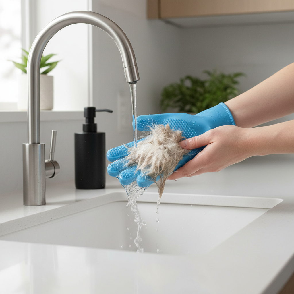 Person cleaning pet hair off a grooming glove at a sink