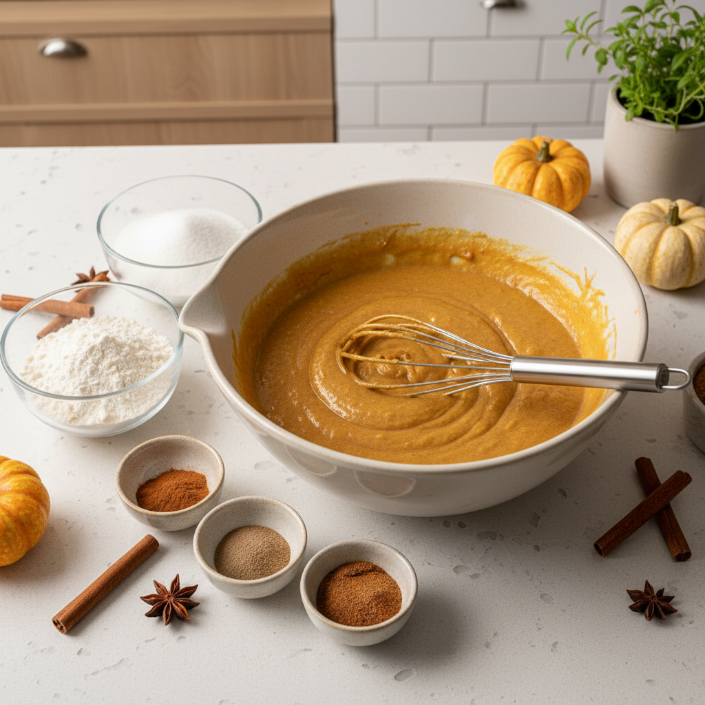 Pumpkin bread batter in a bowl with whisk and spices