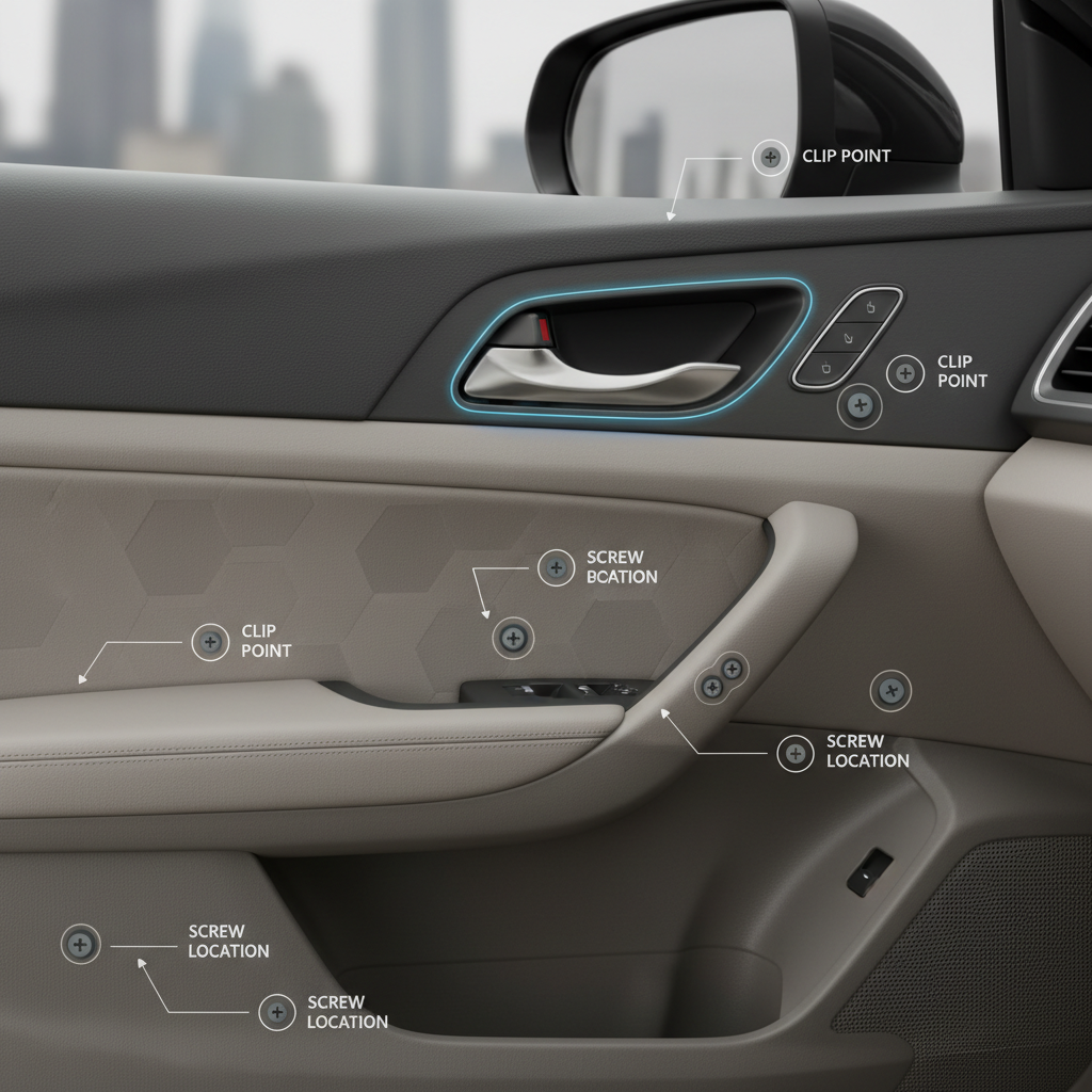 Inside car door handle and trim panel removal points