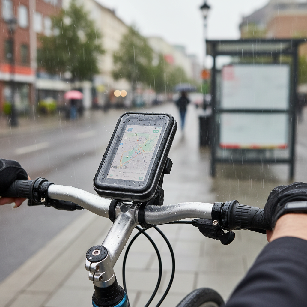 Waterproof bike phone mount on handlebars in rainy commute