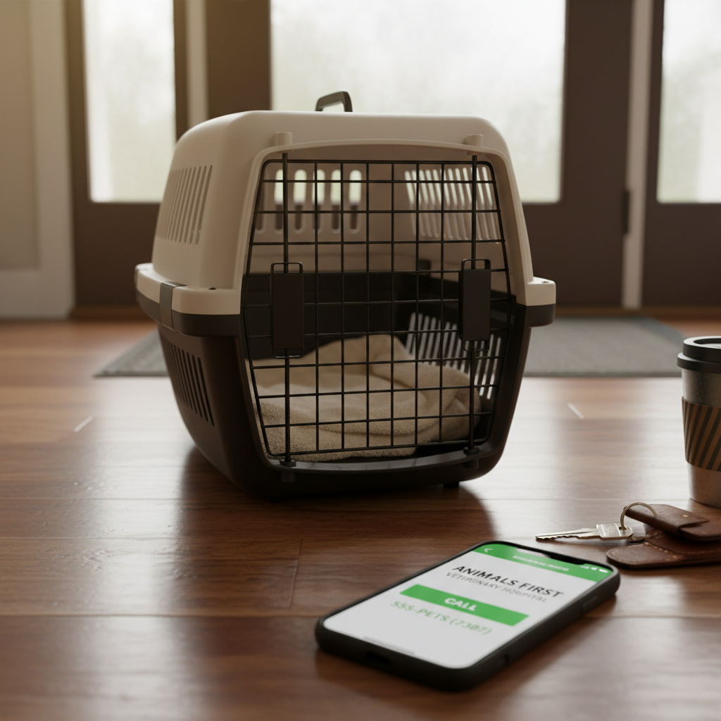 Cat carrier ready for an urgent vet visit