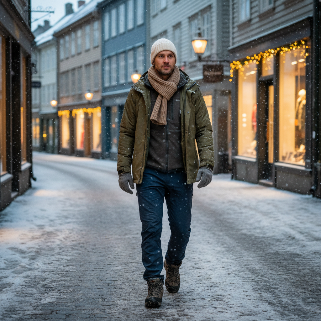 Traveler in Norway winter wearing layered clothing system in a snowy city street
