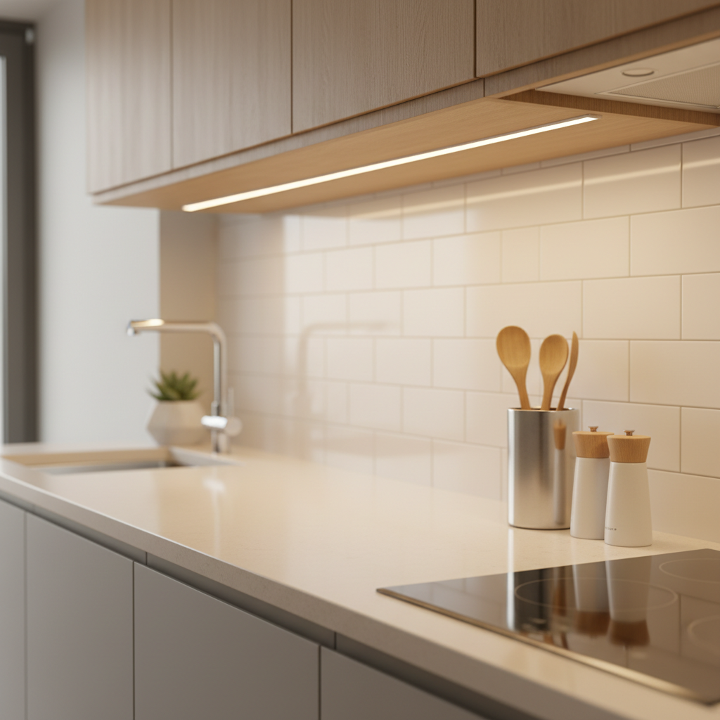Under-cabinet lighting brightening a compact kitchen counter and backsplash