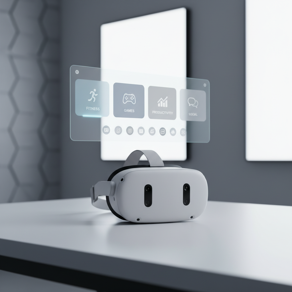 Meta Quest 3 headset home screen with curated app categories