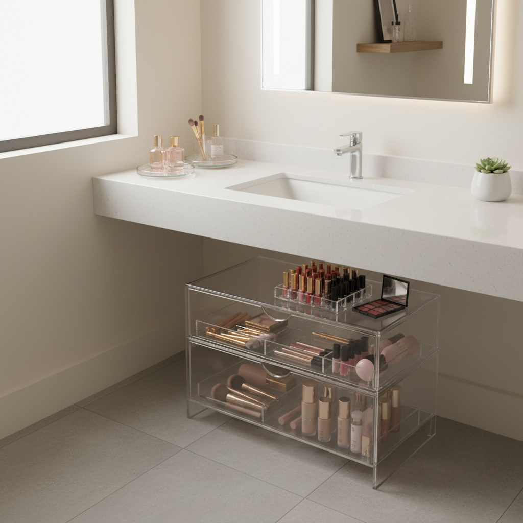 Small bathroom vanity with organized makeup storage and clear containers