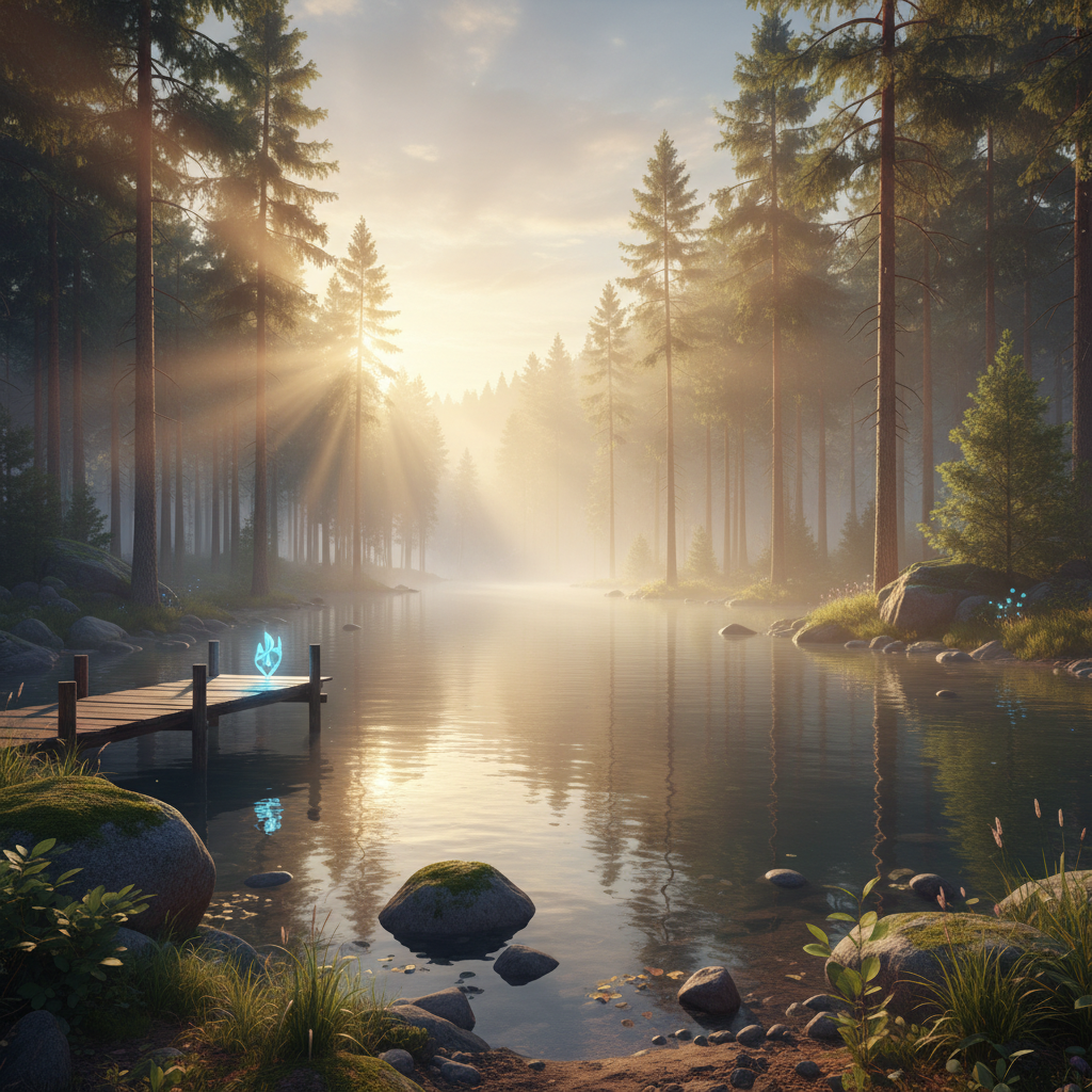 Serene VR nature scene with a forest lake and soft sunlight for relaxation