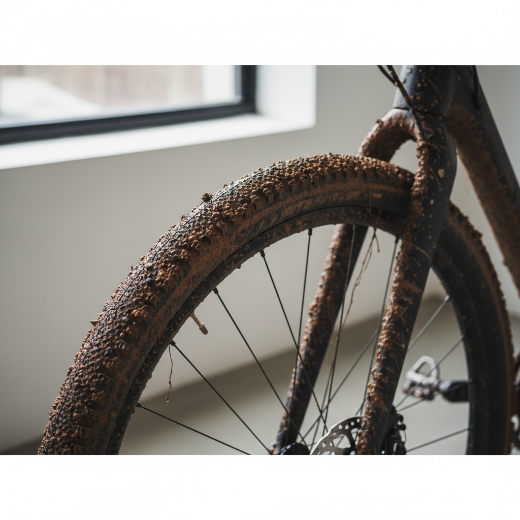 Close-up of gravel bike tires and mud buildup on tread and frame