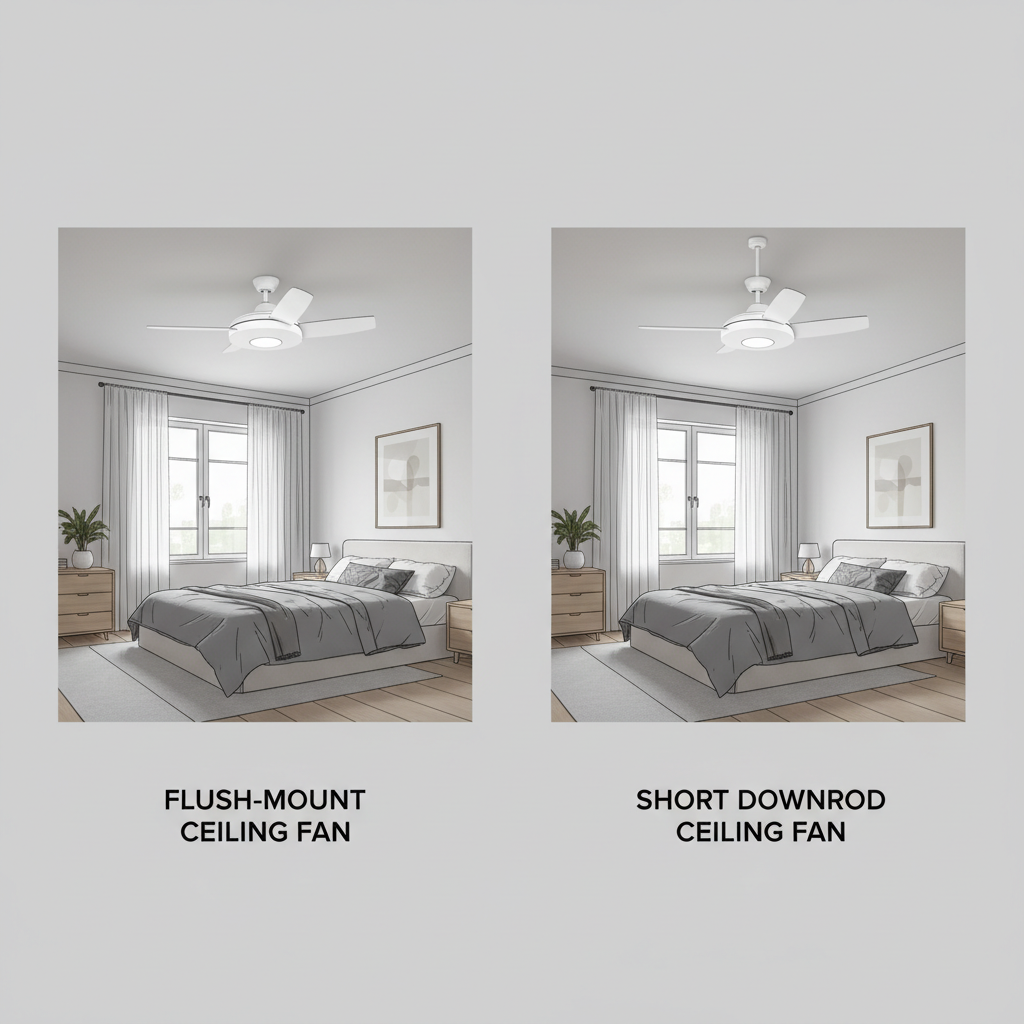 Comparison of flush mount and downrod ceiling fan mounting in a small bedroom