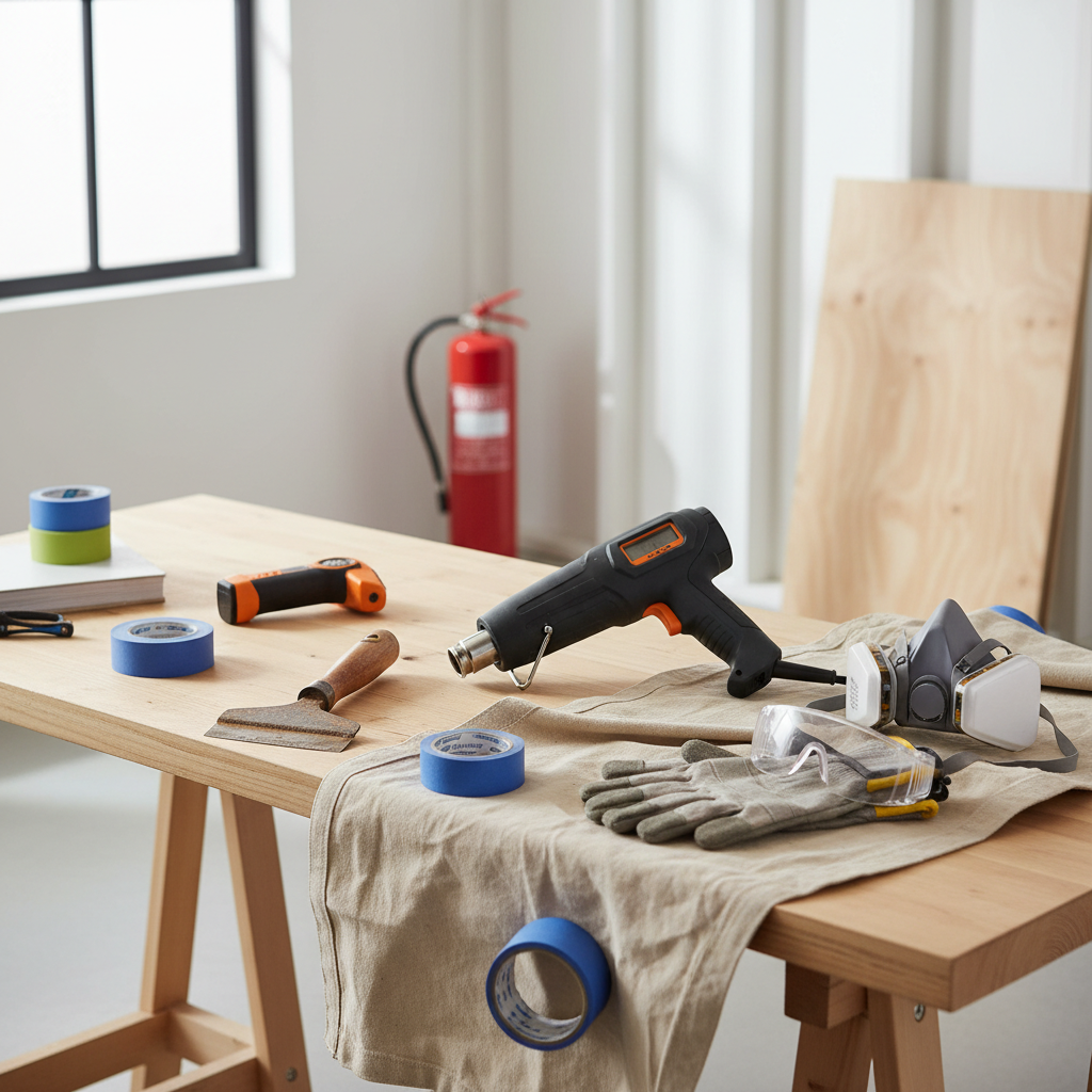 Heat gun paint removal setup with PPE and drop cloth