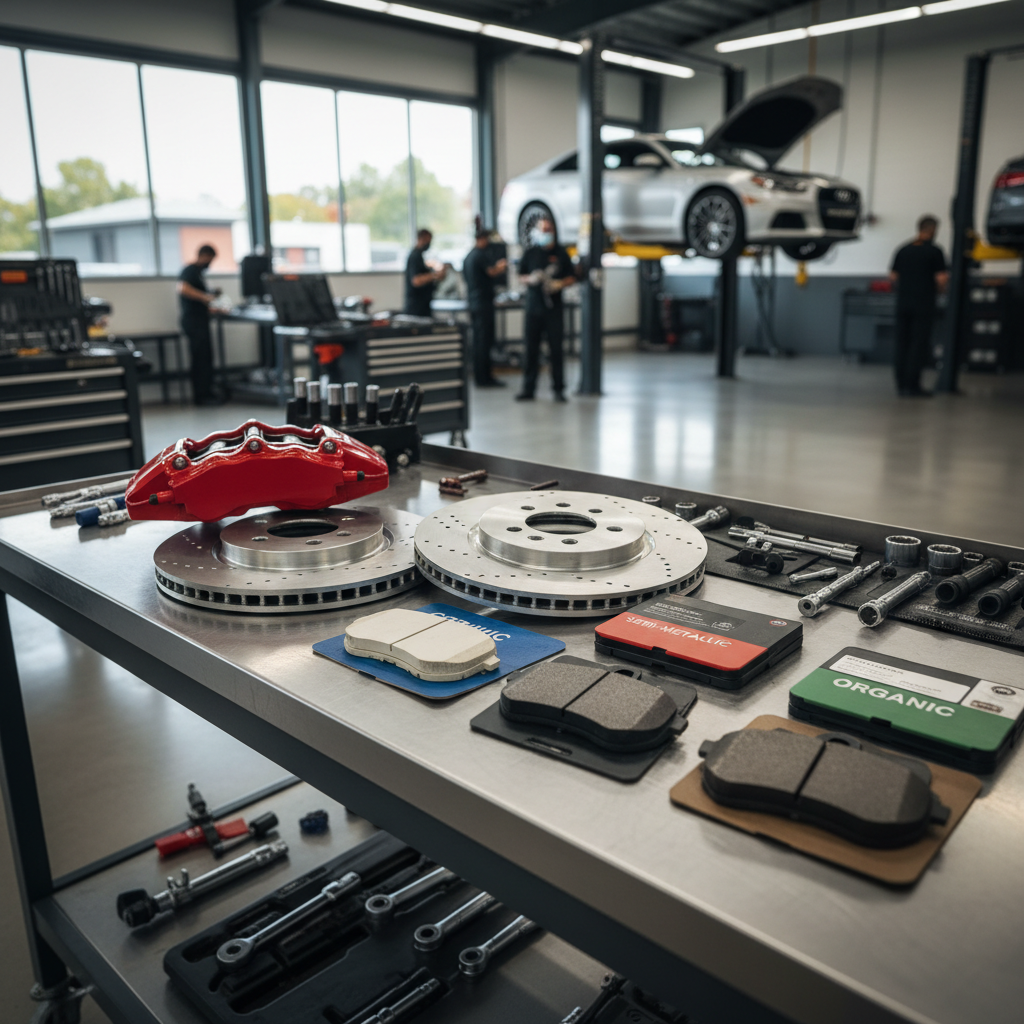 Car brake caliper and brake pad set comparison on workbench