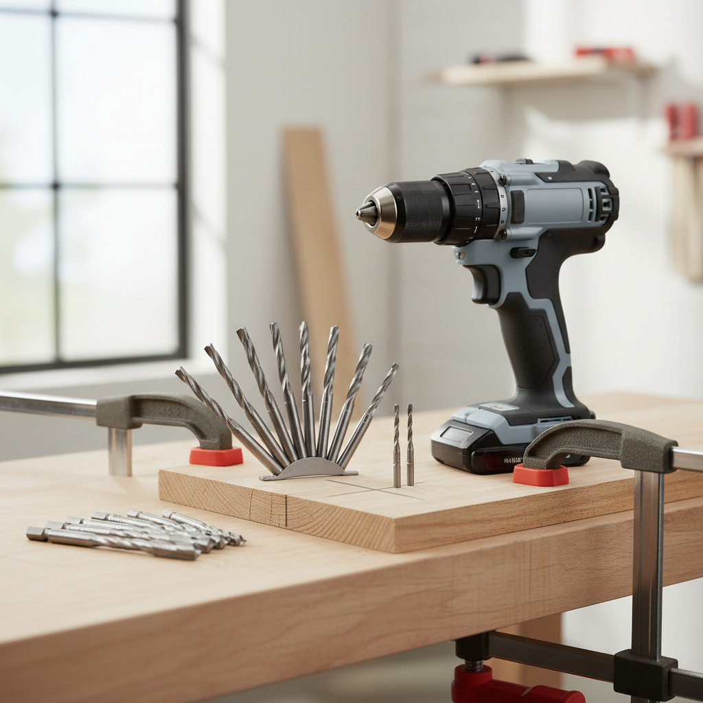 Spade bit and drill setup on a workbench before drilling wood