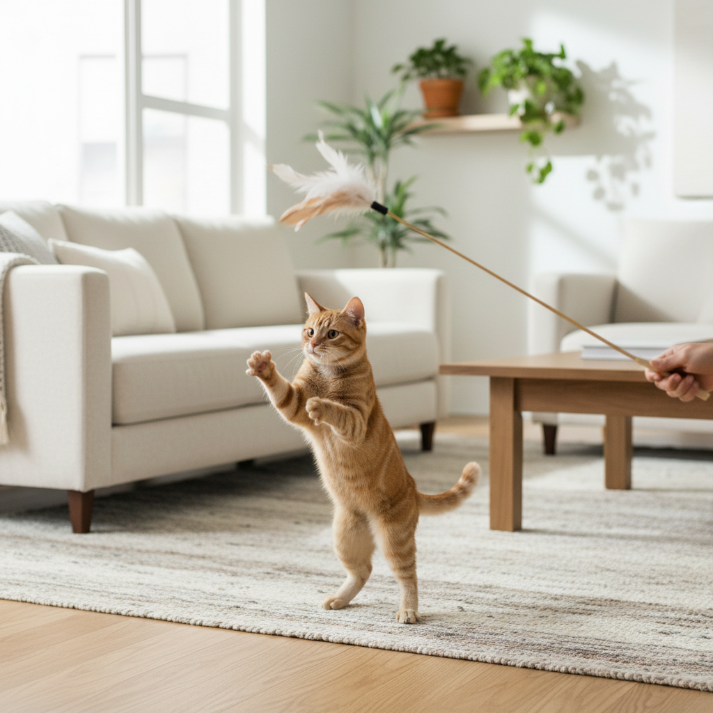Indoor cat playing with interactive wand toy to reduce boredom