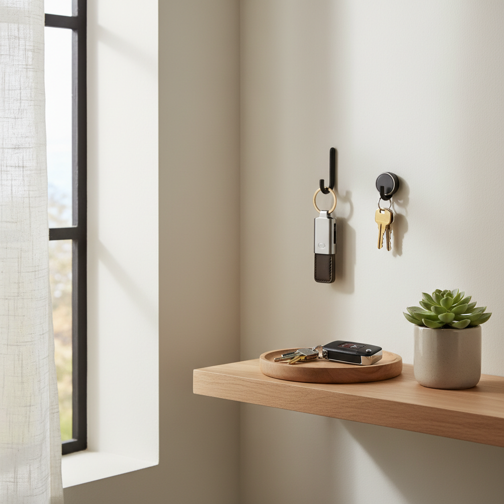 Entryway key drop zone with tray and hook for organized daily keys