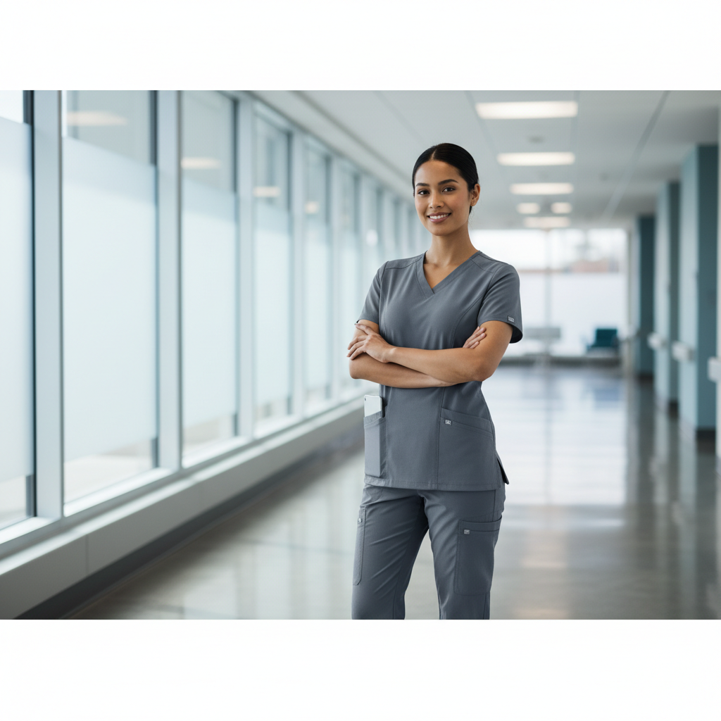 Nurse wearing modern women scrubs with stretch fabric and functional pockets