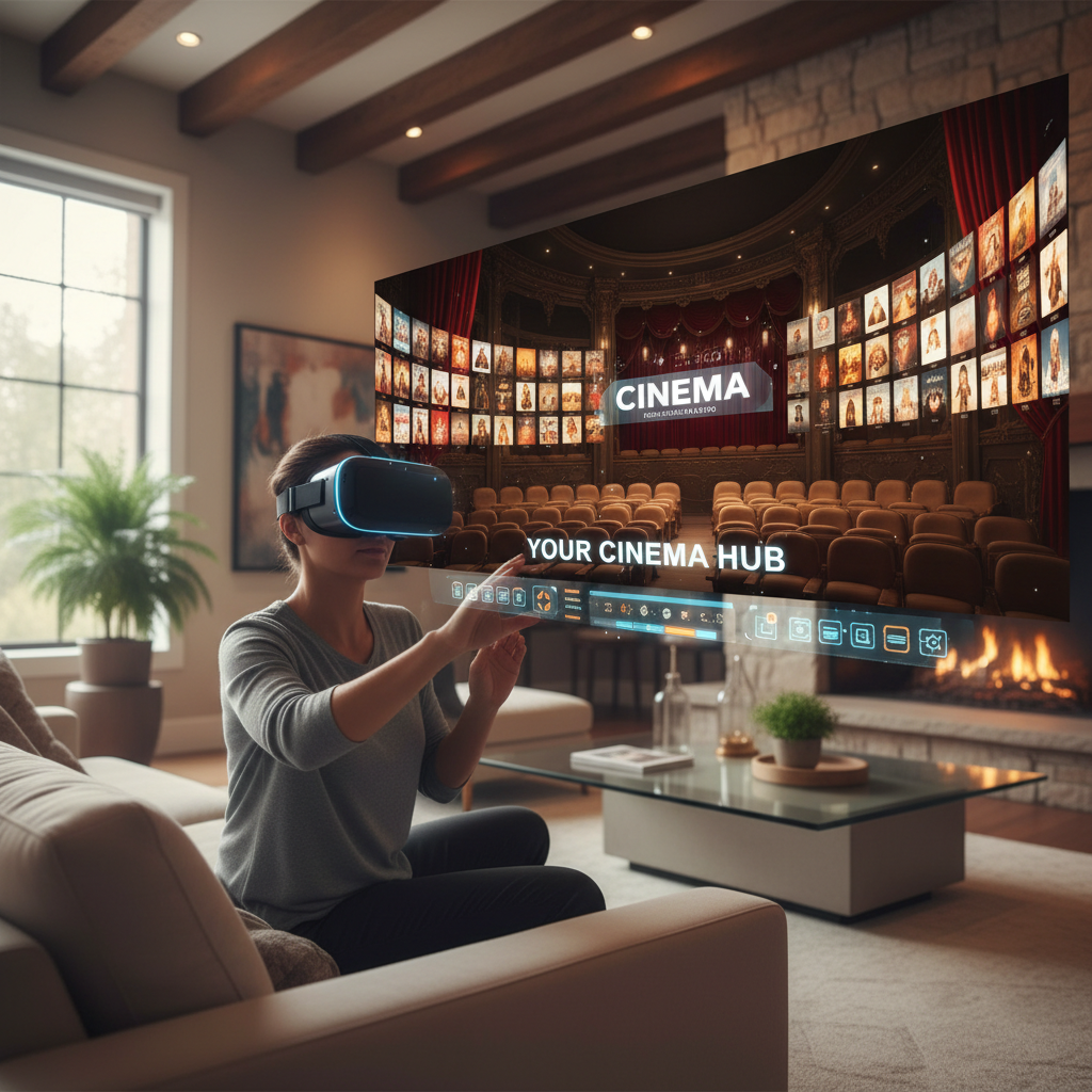 VR headset user browsing a movie library in a virtual theater app