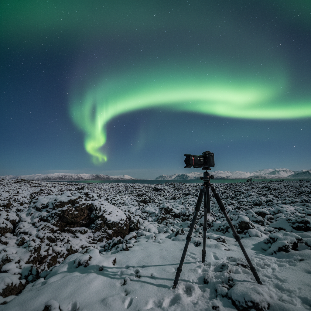 Tripod setup photographing the aurora borealis in Iceland with clear starry sky