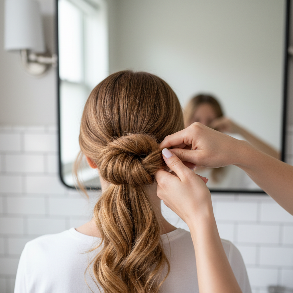 Step-by-step messy bun base with looped ponytail