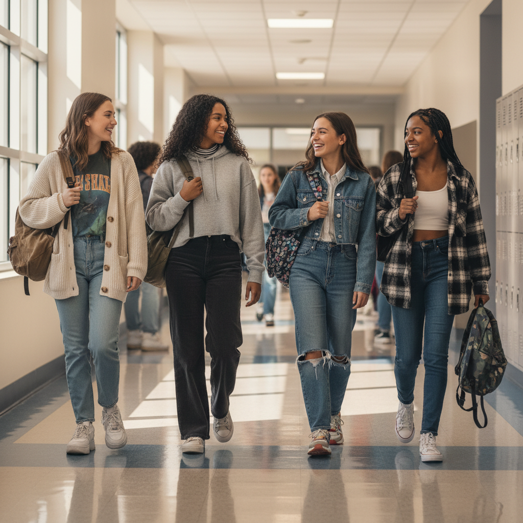 High school hallway style: girls wearing casual layered outfits with sneakers and backpacks