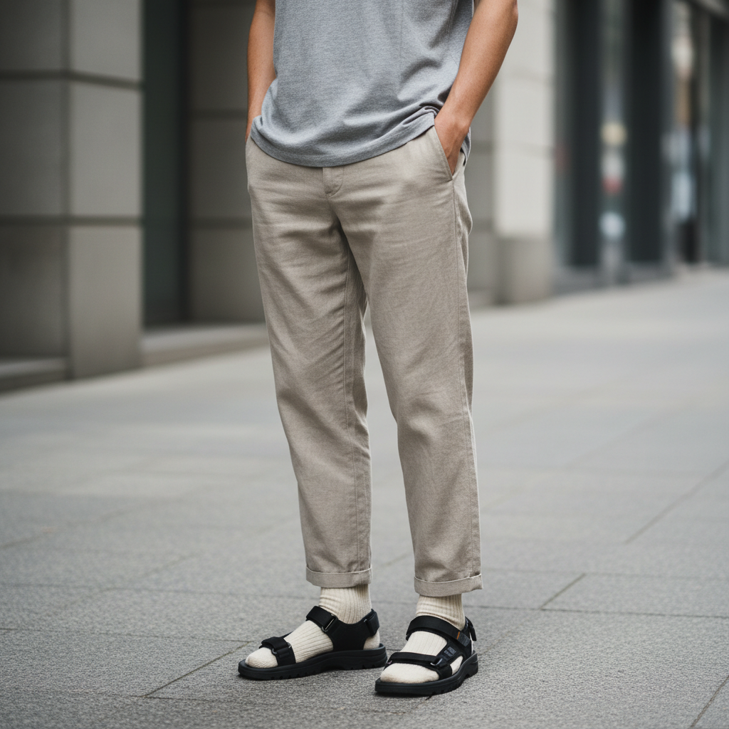 Outfit formula: crew socks with sport sandals and relaxed pants