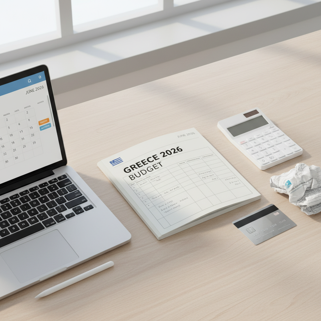 Travel budgeting for Greece with notebook, calculator, and booking confirmations