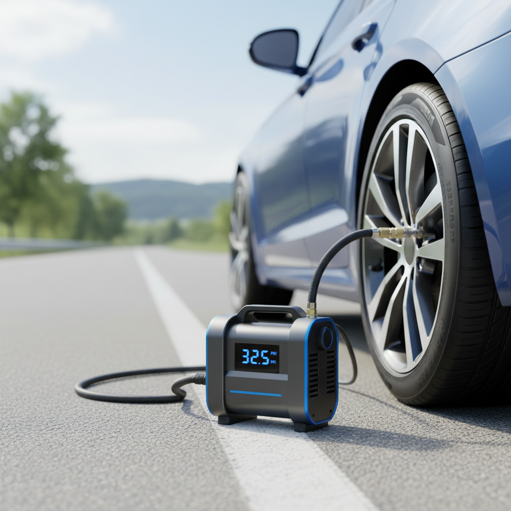 Portable car air compressor inflating a tire on the roadside