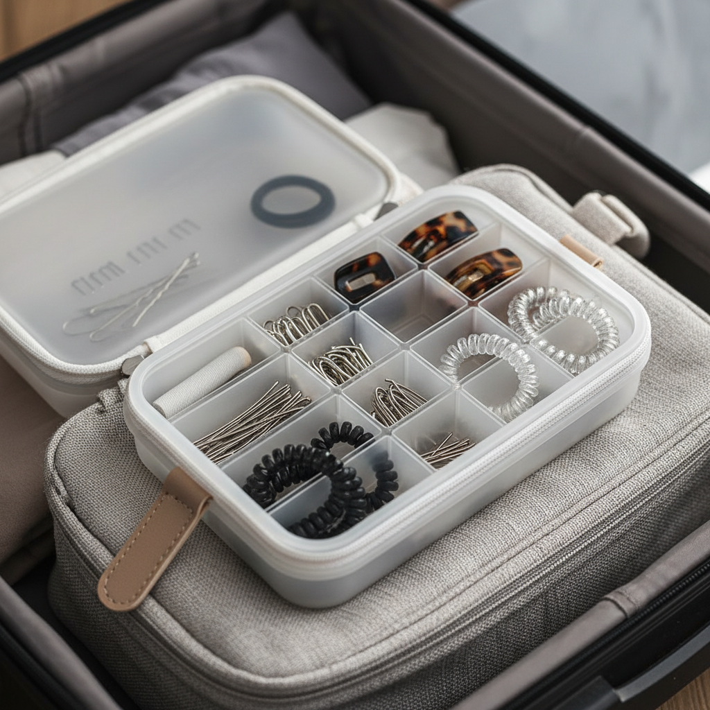 Mini travel case organizing bobby pins, U-pins, and hair ties in a carry-on pouch
